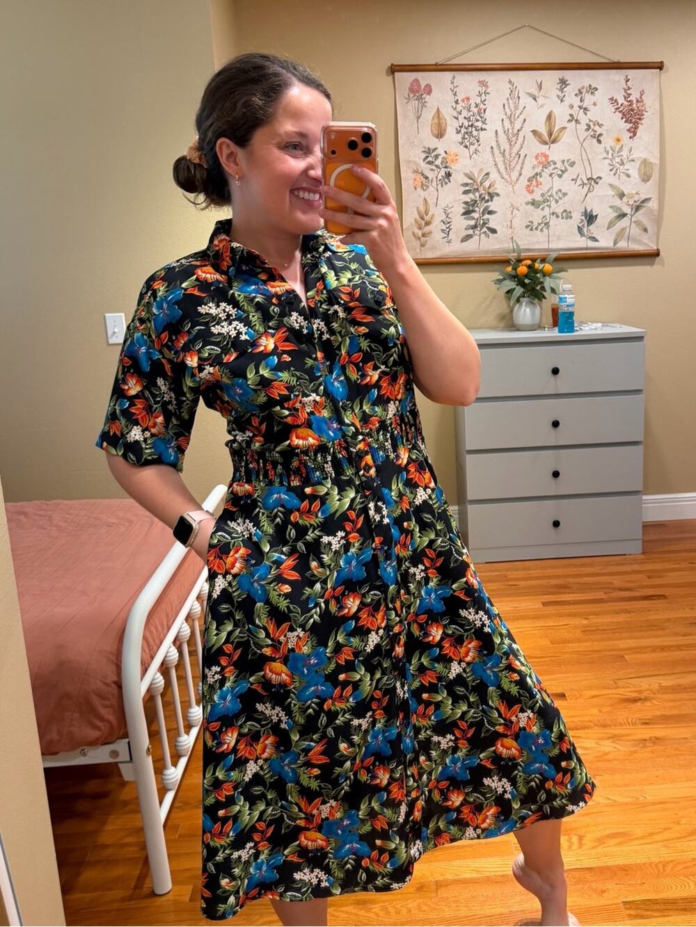 Vintage Liz Claiborne Black Floral Midi Dress with Blue & Orange Blooms Medium